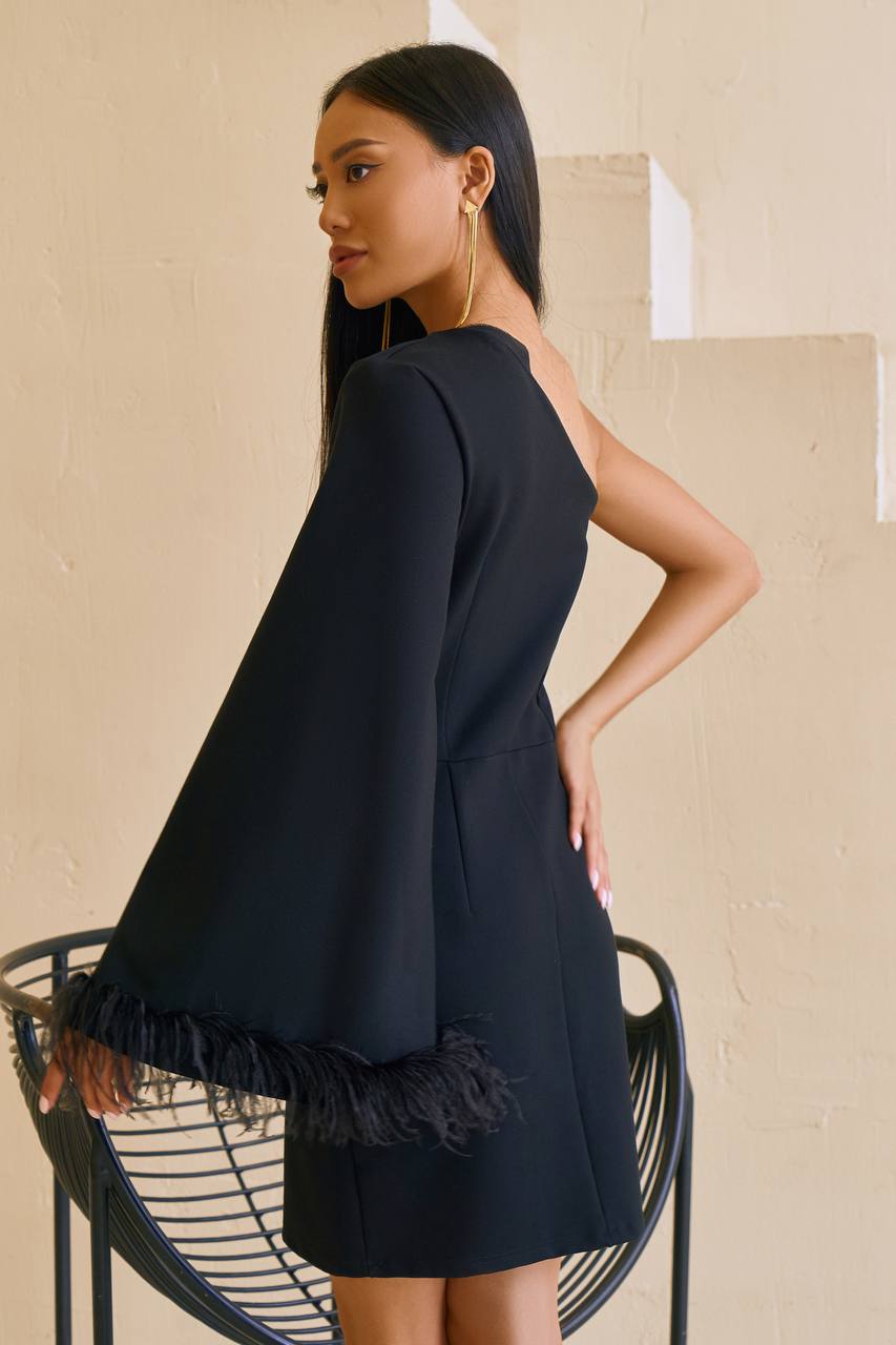 Black One-Shoulder Feather Sleeve Mini Dress (article 347)