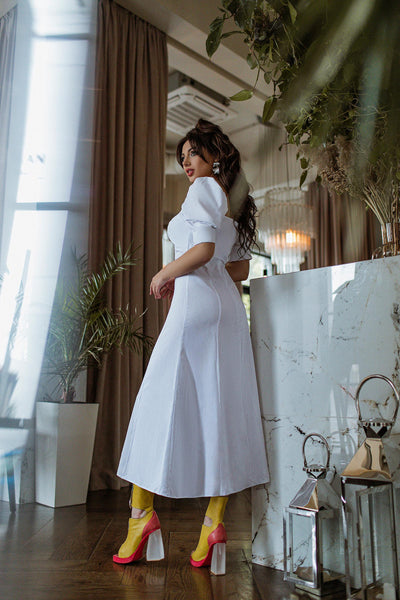 White LINEN SHORT SLEEVE MIDI DRESS (ARTICLE 297)