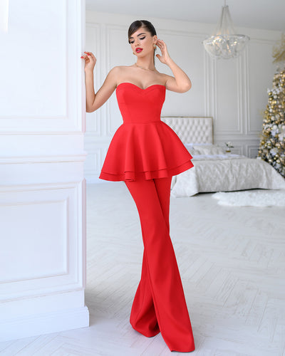 Red Sweetheart Peplum Top & Flared Pants 2-Piece Set (article 320)