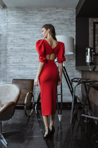 Red BACKLESS PUFF-SLEEVE MIDI DRESS (ARTICLE C395)