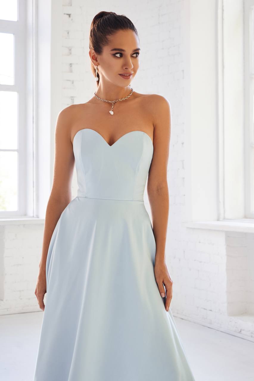 Sky-Blue Satin Corseted Strapless Dress (article 047)