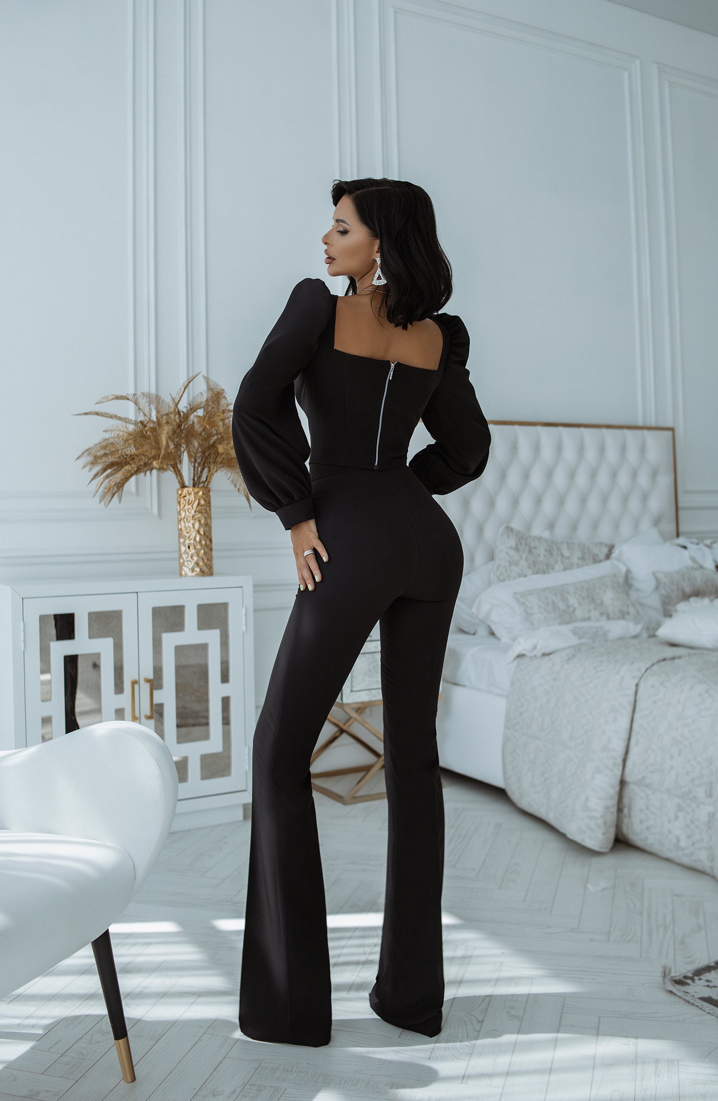 Black SWEETHEART TOP & FLARED PANTS 2-PIECE SET (ARTICLE C379)