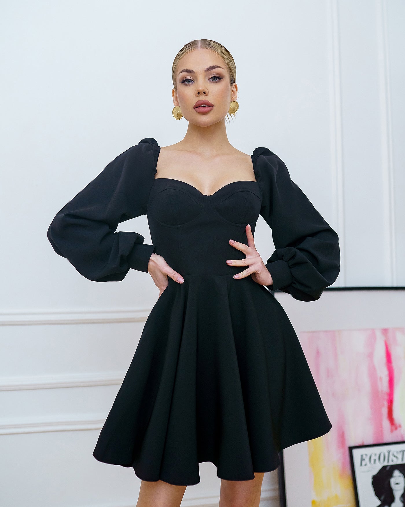 Black BACKLESS PUFF SLEEVE MINI DRESS (ARTICLE 403)