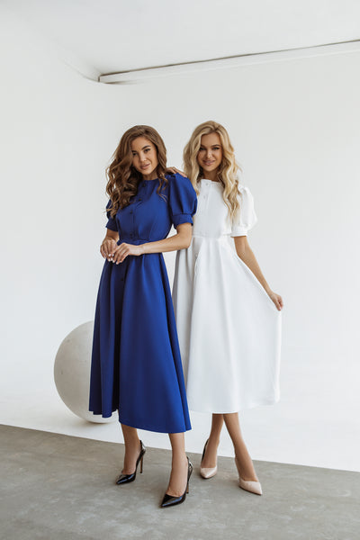White fitted PUFF-SLEEVE MIDI DRESS (ARTICLE C390)
