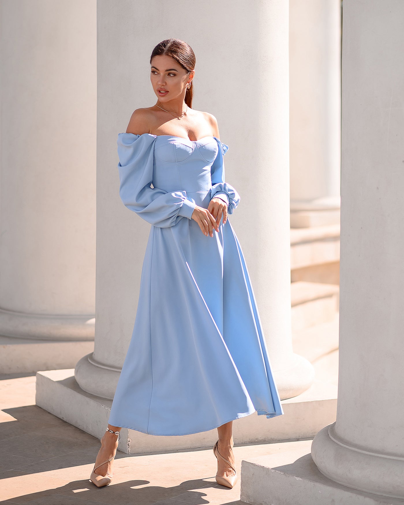 Sky blue Puff-Sleeve Midi Dress (Article 401)