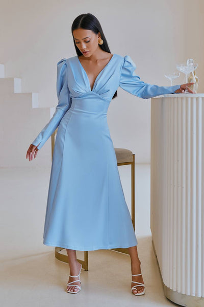 Sky blue SATIN BOW BACK MIDI DRESS (ARTICLE 340)