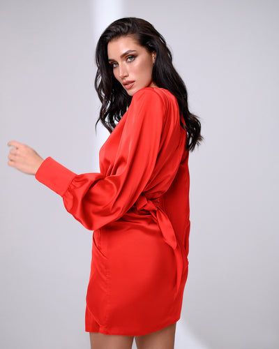Red Silk Puff Sleeve Mini Dress (article 325)