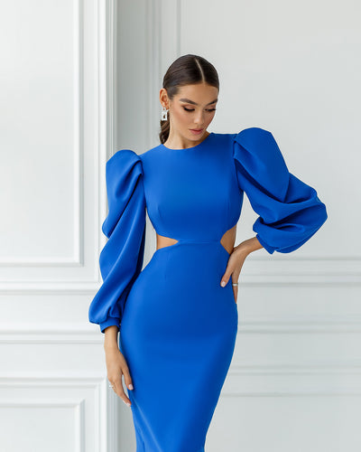 Blue Backless Cut-Out Puff-Sleeve Midi Dress (article 350)