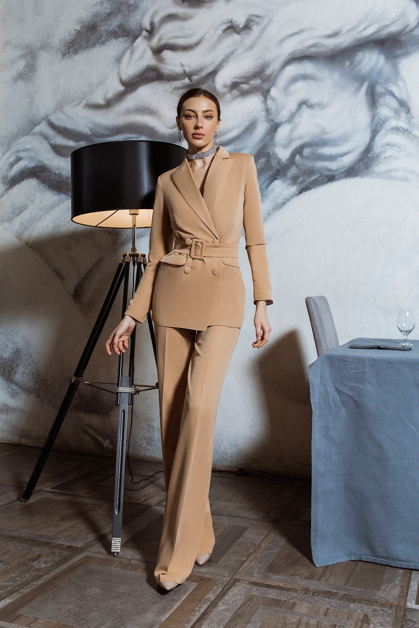 Beige BELTED DOUBLE BREASTED SUIT 2-PIECE (ARTICLE C273)