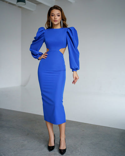 Blue Backless Cut-Out Puff-Sleeve Midi Dress (article 350)