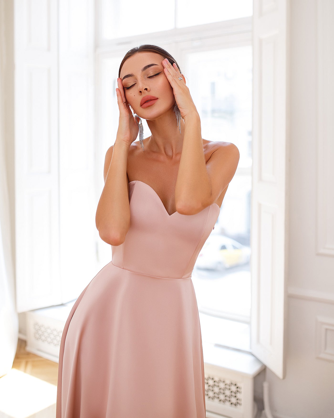 Dusty Pink Satin Corseted Strapless Dress (article 047)