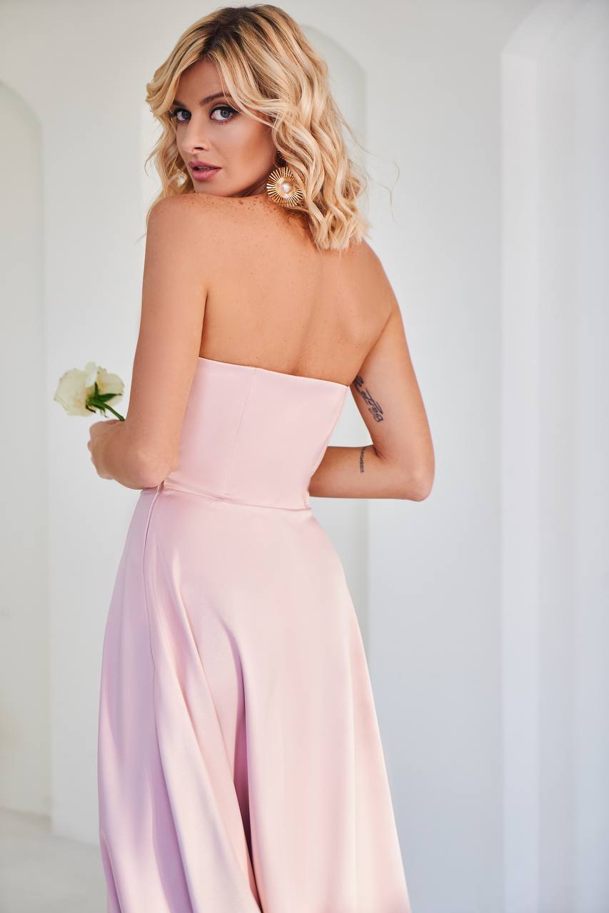 Dusty Pink Satin Corseted Strapless Dress (article 047)