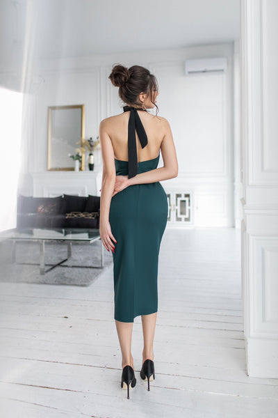 Green-Black Backless Halter Midi Dress