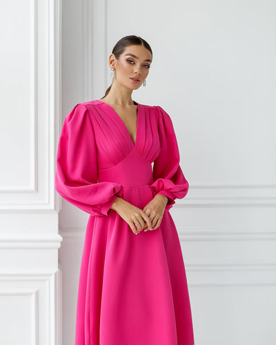Crimson V-Neck Puff-Sleeve Midi Dress (article 352)