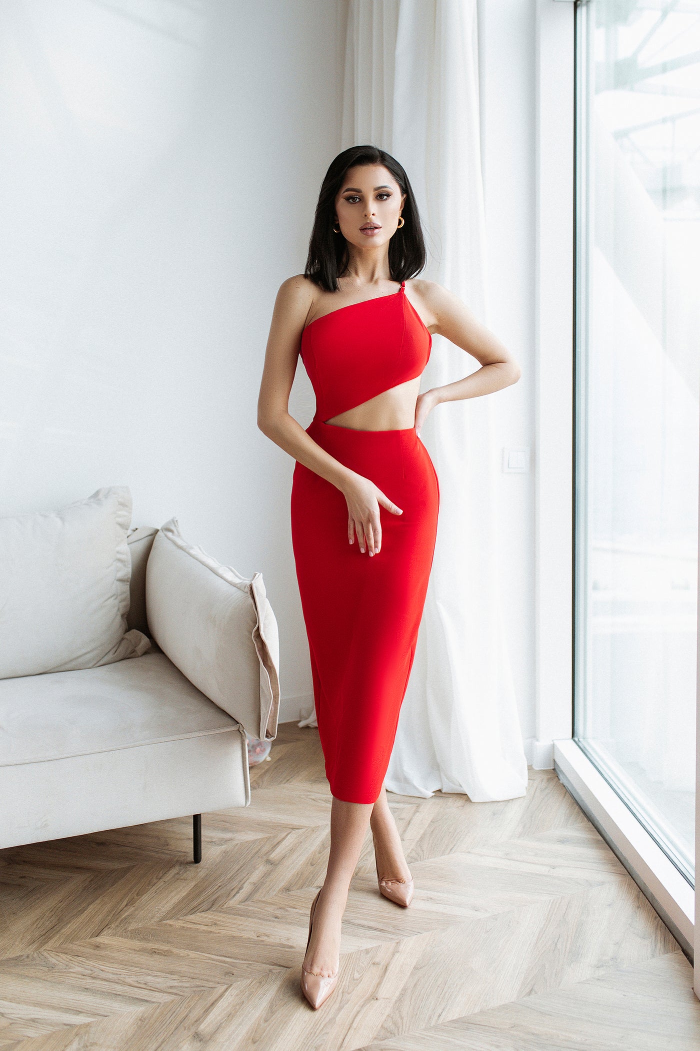 Red Strappy Cut-Out Midi Dress (article C364)