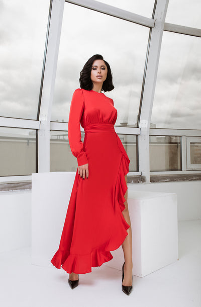 Red THIGH-SLIT MAXI DRESS (ARTICLE C257)
