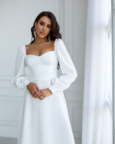 White PUFF-SLEEVE MIDI DRESS (ARTICLE 401)