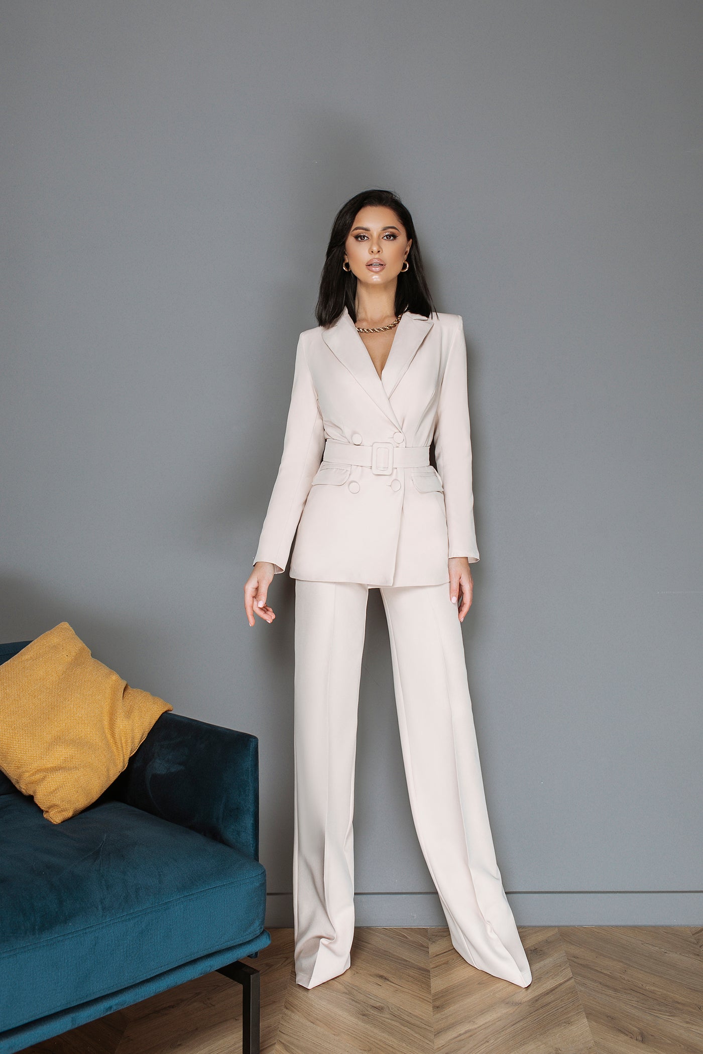 Light beige Belted Double Breasted Suit 2-Piece (article C273)