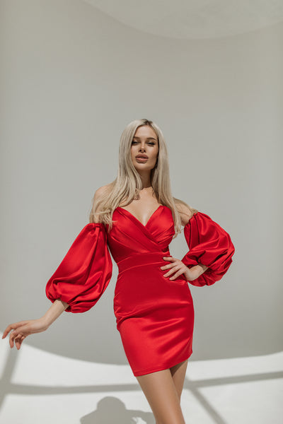 Red Puffed Sleeve Mini Prom Dress (article C305)