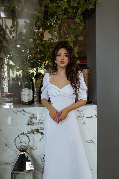 White LINEN SHORT SLEEVE MIDI DRESS (ARTICLE 297)