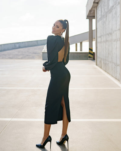 Black BACKLESS CUT-OUT PUFF-SLEEVE MIDI DRESS (ARTICLE 350)