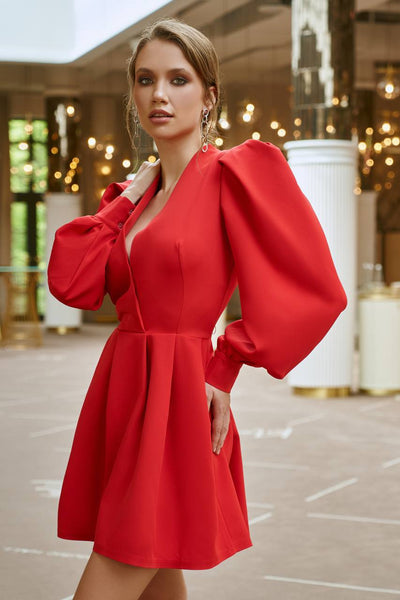 Red PUFF-SLEEVE V-NECK MINI DRESS (ARTICLE 313)