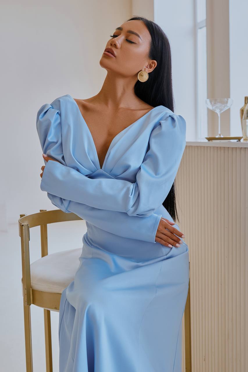 Sky blue SATIN BOW BACK MIDI DRESS (ARTICLE 340)