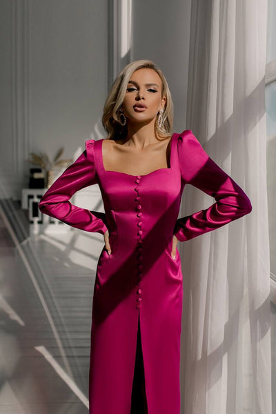 Fuchsia Satin Long Sleeve Maxi Dress (article C307)