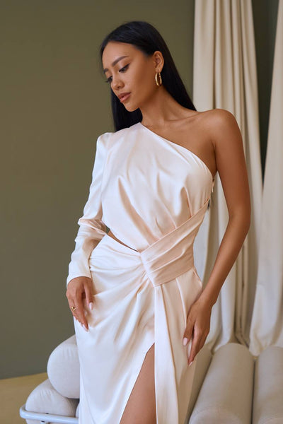 White Satin One-Shoulder Cut-Out Midi Dress (article 341)