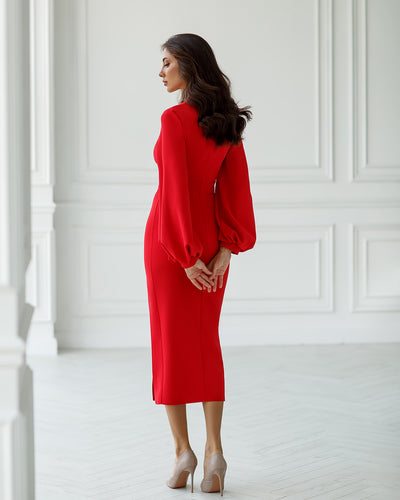 Red SQUARE NECK PUFF-SLEEVE MIDI DRESS (ARTICLE 353)