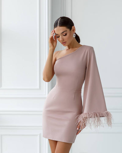 Beige ONE-SHOULDER FEATHER SLEEVE MINI DRESS (ARTICLE 347)