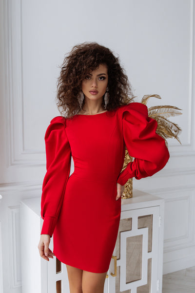 Red BACKLESS PUFF SLEEVE MINI DRESS (ARTICLE C397)