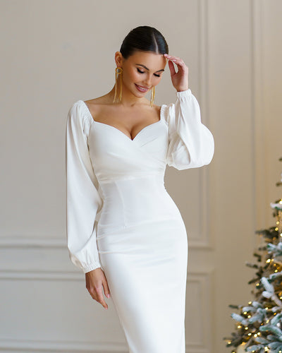 White Puff-Sleeve Midi Dress (article 256)