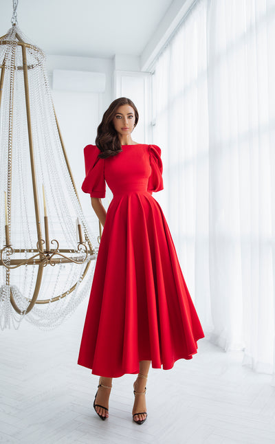 Red BACKLESS PUFF-SLEEVE MIDI DRESS (ARTICLE C383)