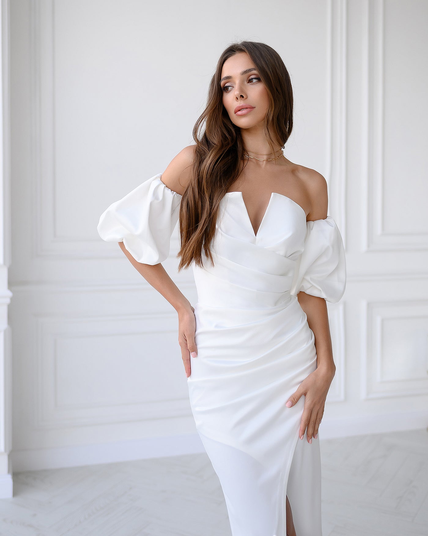 White Satin Puff-Sleeve Midi Dress (article 289)
