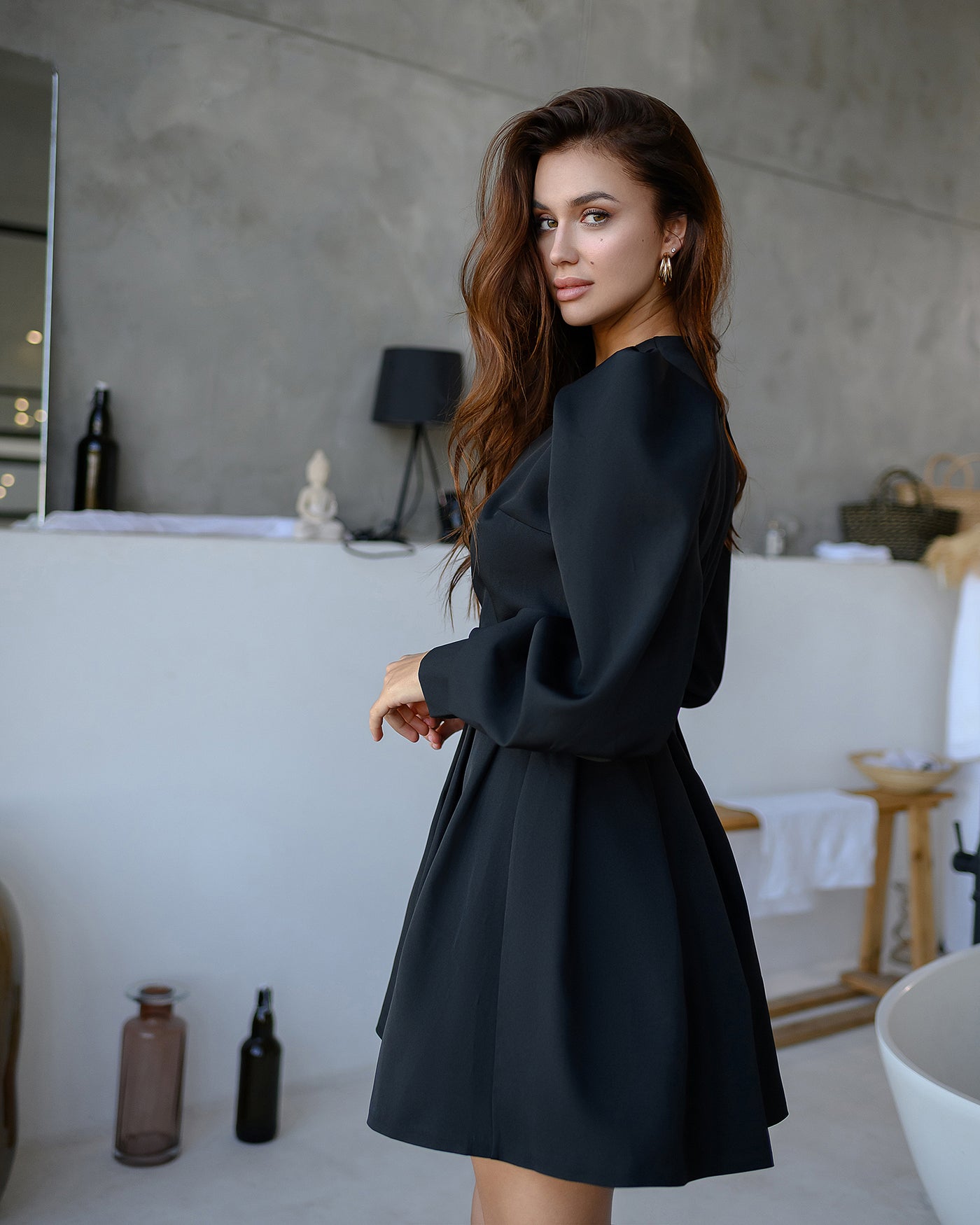 Black Puff-Sleeve V-Neck Mini Dress (article 313)