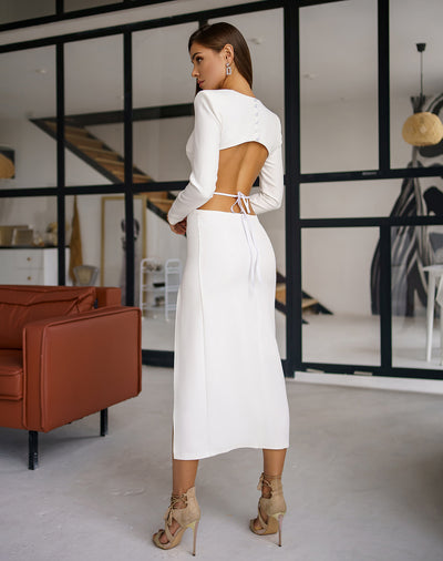 White backless long sleeve midi dress (article 327)