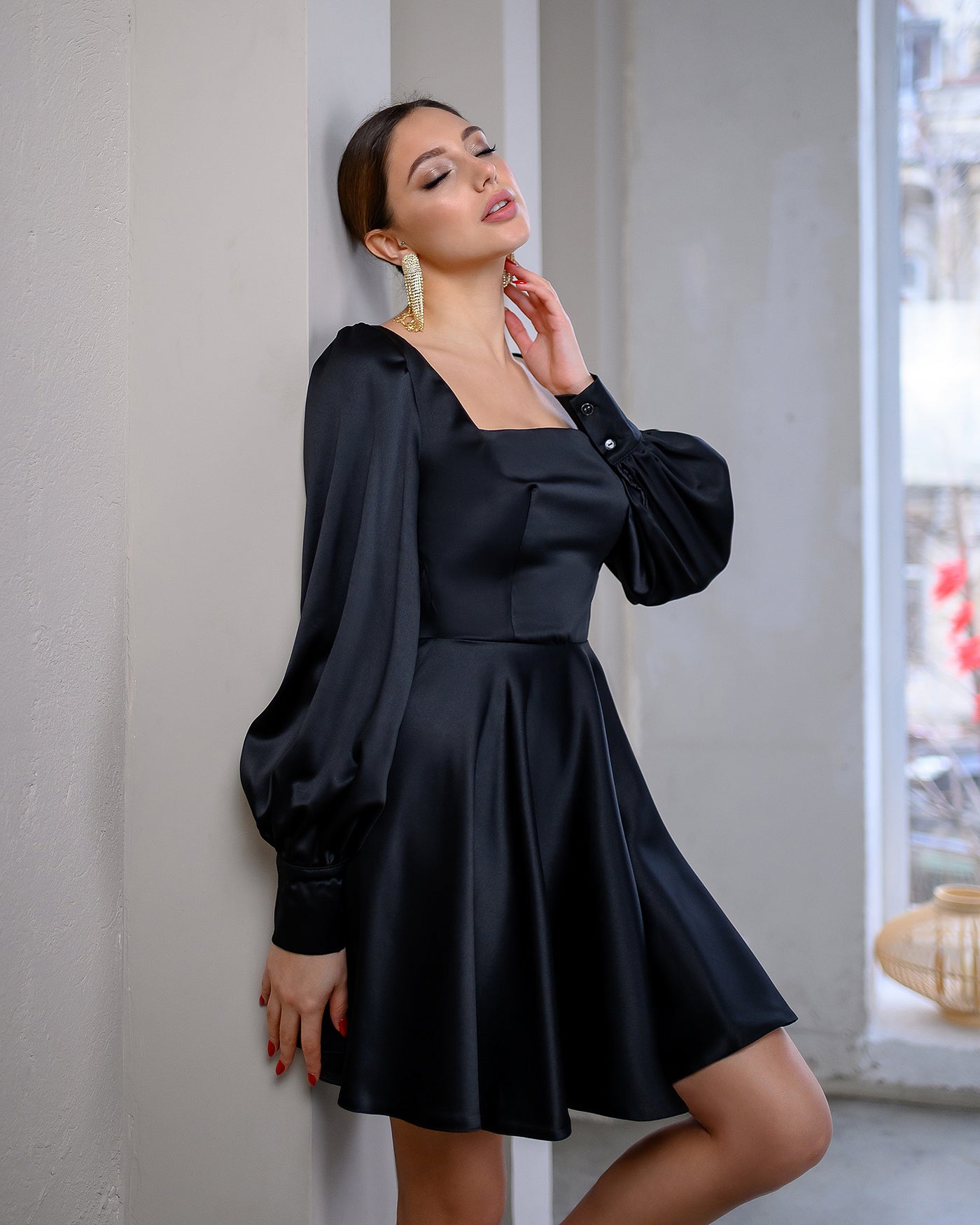 Black Satin Long Sleeve Mini Dress (article 310)