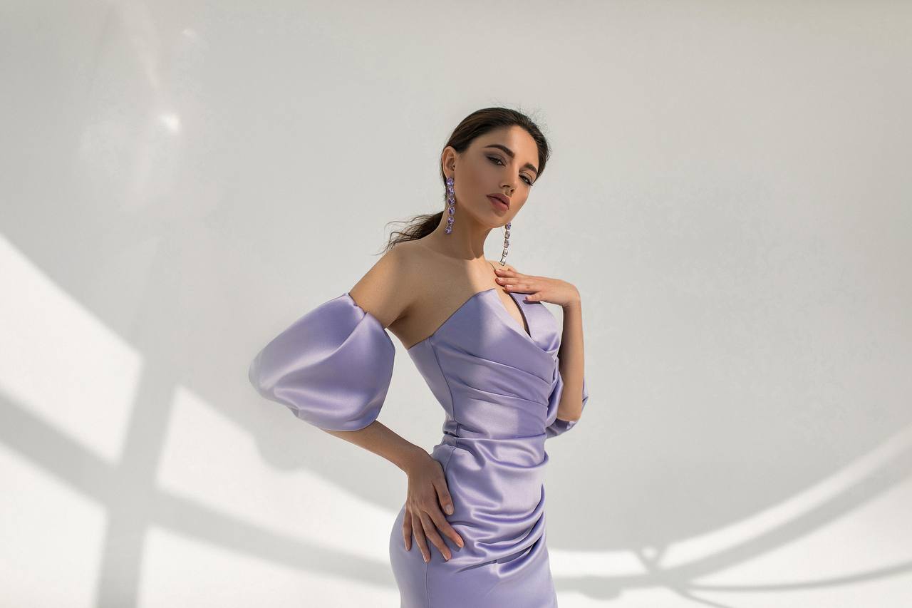Lavender Puff-Sleeve Midi Dress (article 289)