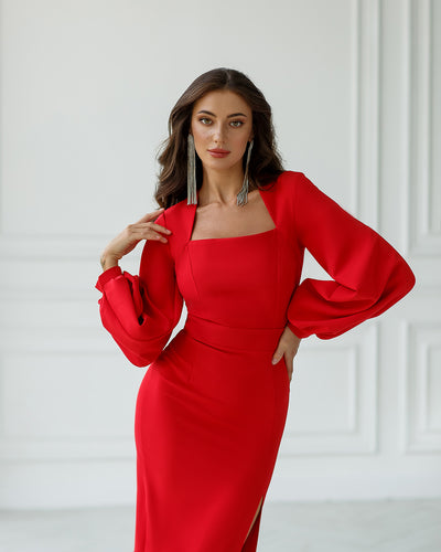 Red SQUARE NECK PUFF-SLEEVE MIDI DRESS (ARTICLE 353)