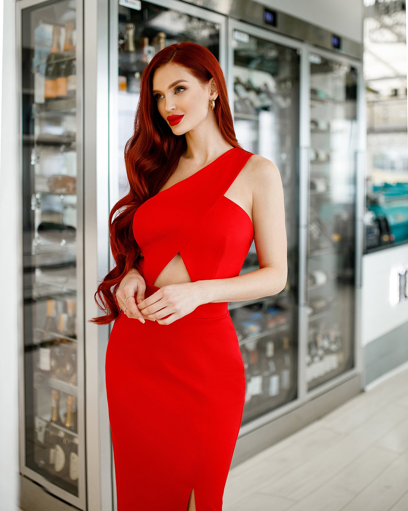 Red ONE-SHOULDER CUT-OUT MAXI DRESS (ARTICLE 366)