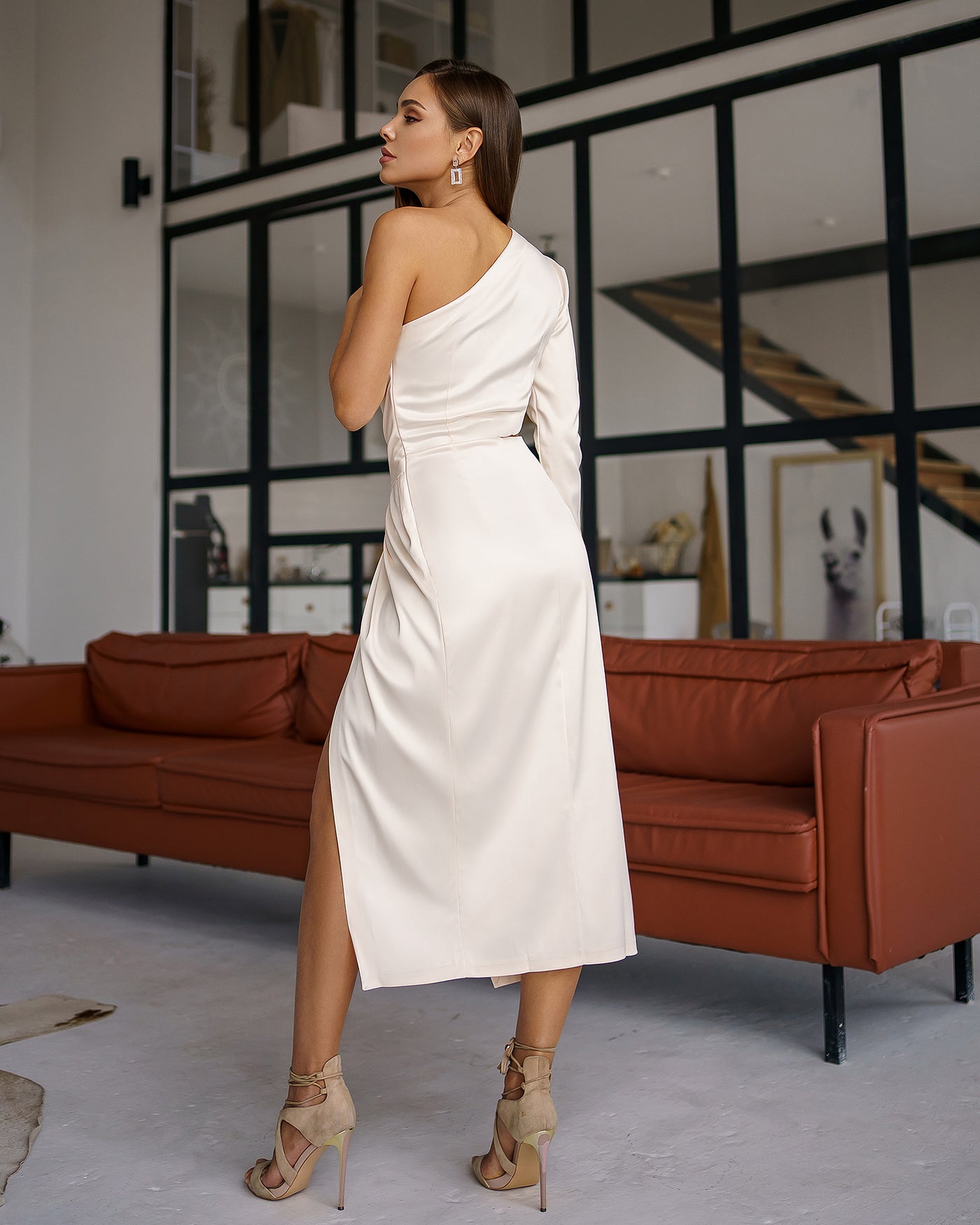 White Satin One-Shoulder Cut-Out Midi Dress (article 341)