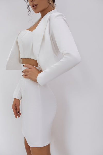 White CROP JACKET SKIRT SUIT 3-PIECE (ARTICLE C386)