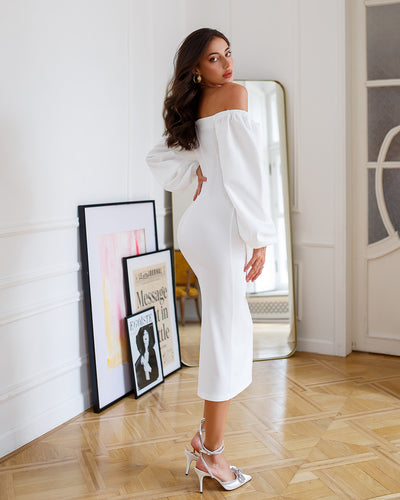 White Puff-Sleeve Midi Dress (article 256)