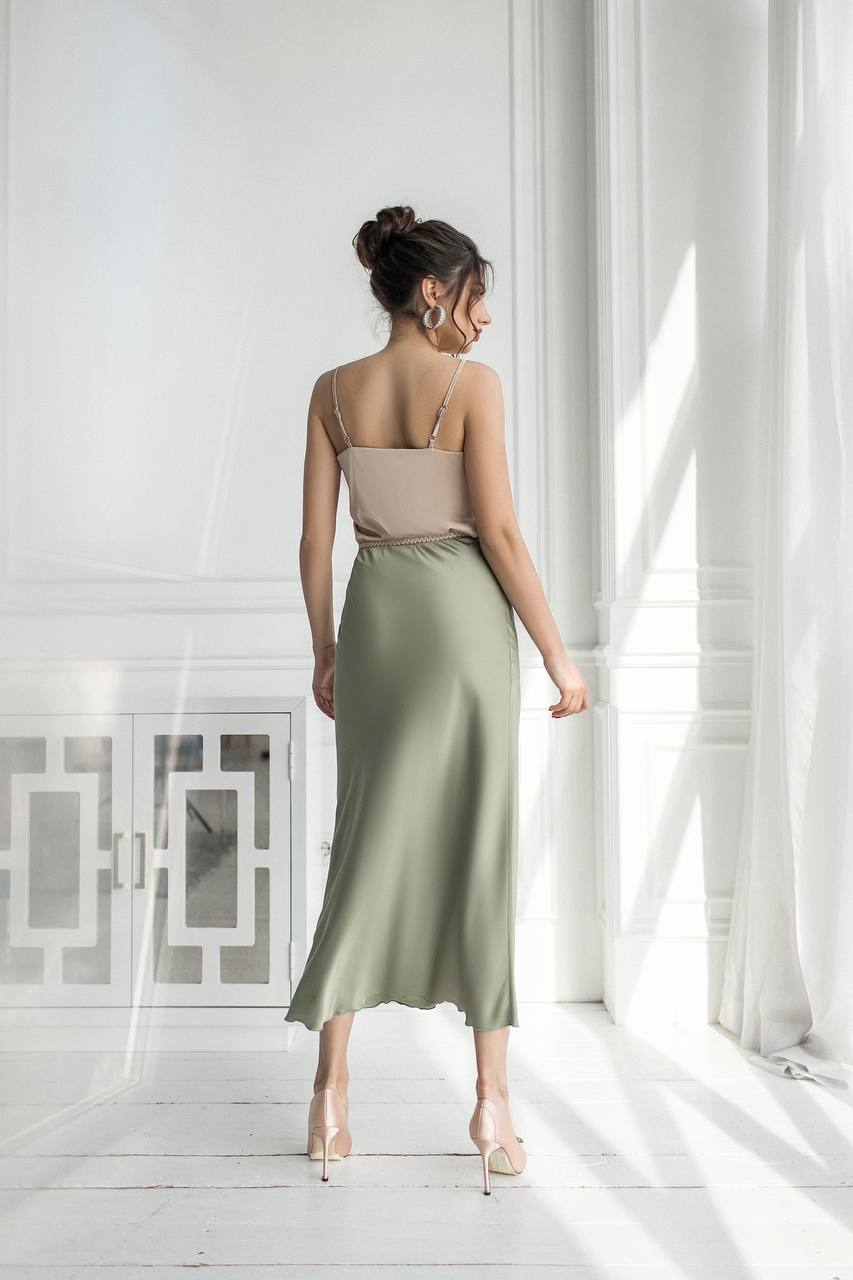 Olive Silk High Waist Maxi Skirt