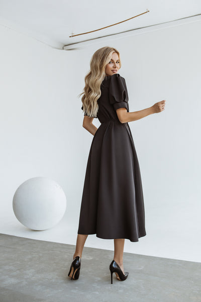 Black FITTED PUFF-SLEEVE MIDI DRESS (ARTICLE C390)