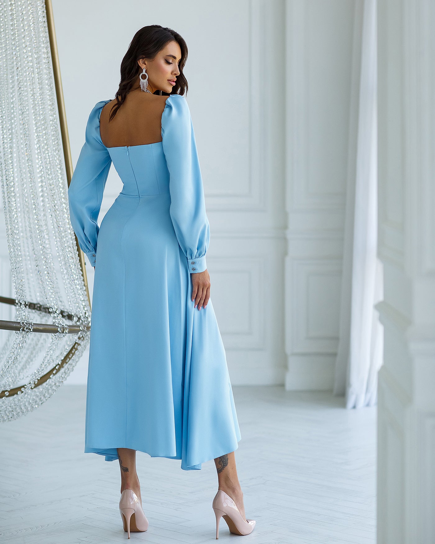Sky blue Puff-Sleeve Midi Dress (Article 401)