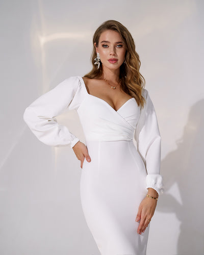 White Puff-Sleeve Midi Dress (article 256)