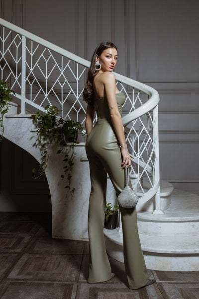Olive VEGAN LEATHER FLARED PANTS (ARTICLE C401)
