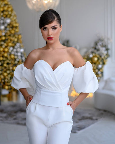 White CORSETED STRAPLESS TOP & HIGH WAISTED REGULAR FIT PANTS 2-PIECE SET (ARTICLE 307)